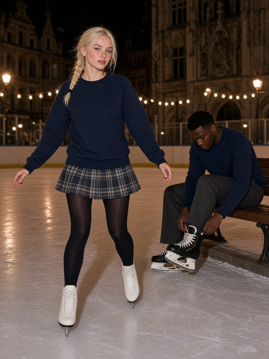 Two people in the Marcel Afters Regular Fit Crewneck Sweatshirt in Navy Blue and Black on a private jet at night