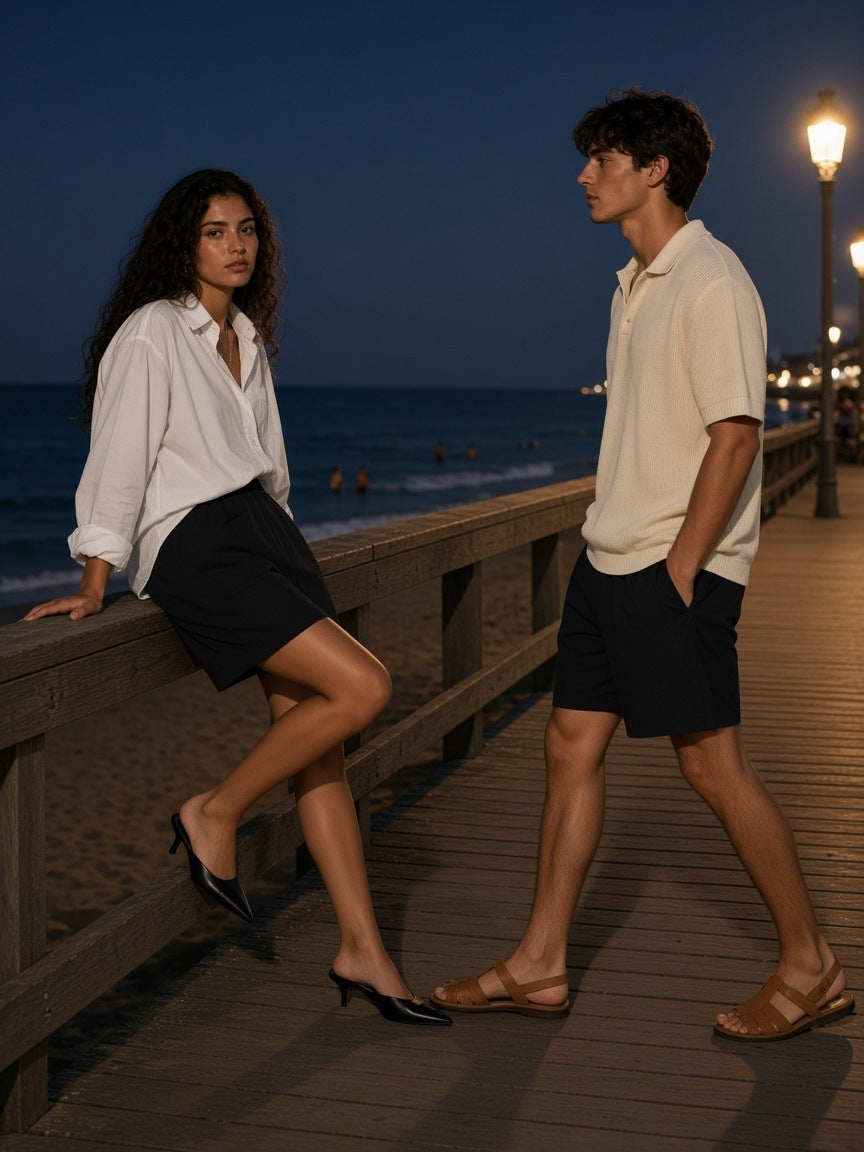 Two friends in the Regular Fit Shorts in black on a seaside promenade at dusk