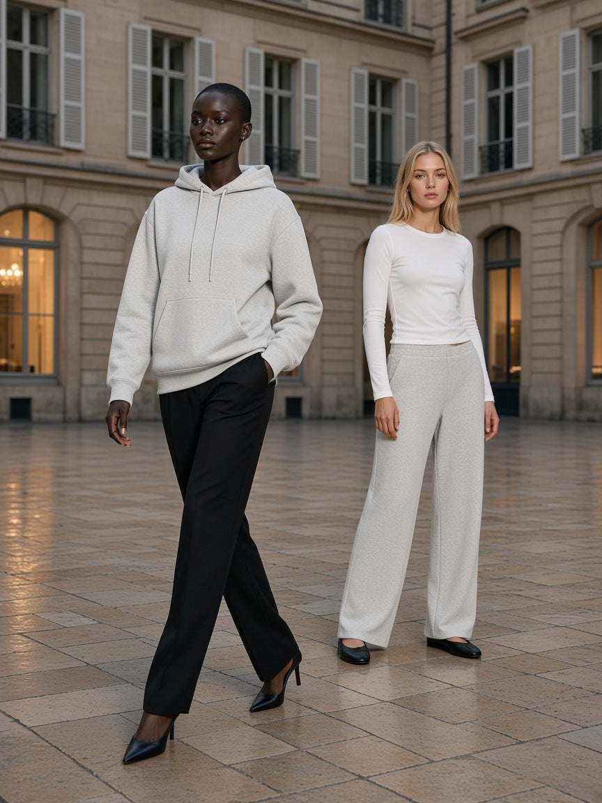 Two people in a limestone hotel courtyard in Paris at blue hour, one wearing the Relaxed Fit Hoodie in Flower Gray with black trousers and heels