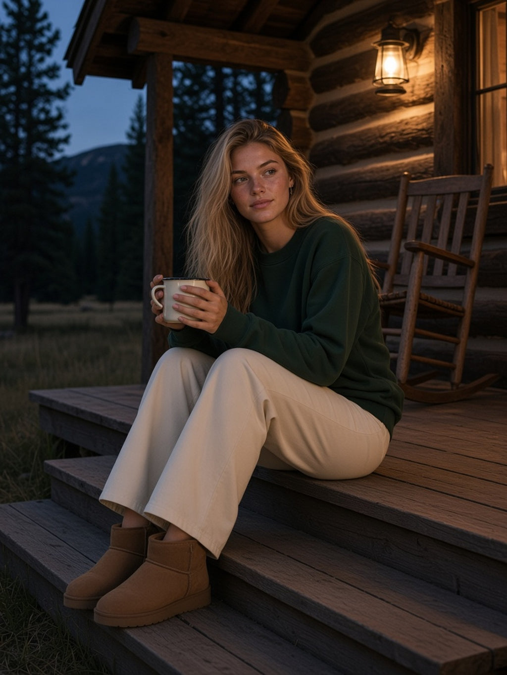 Woman in the Heavyweight Crewneck Sweatshirt in Blackish Green with cream wide-leg trousers, seated on the porch steps of a mountain log cabin at dusk holding an enamel mug