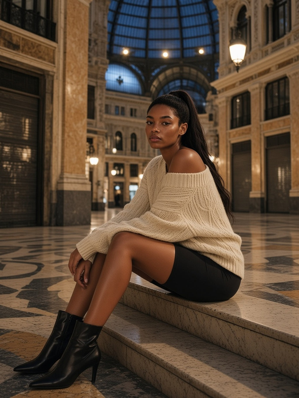 Woman in the High-Waisted Blend Biker Shorts in Black with an off-shoulder cream cable knit and black ankle boots, seated on the marble steps of the Galleria Vittorio Emanuele II in Milan at night