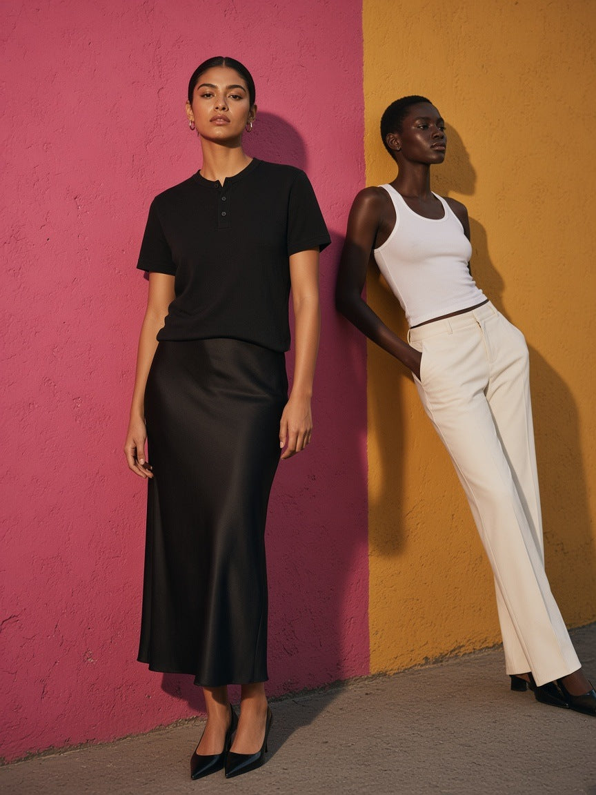 Two people in Marcel Afters, the Short Sleeve Henley Shirt in Black, against a pink and ochre wall at dusk in Mexico City