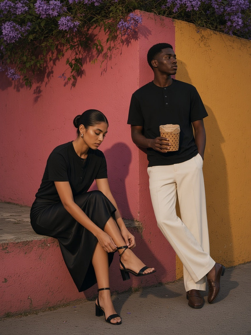 Two people in the Short Sleeve Henley Shirt in Black, one tying a sandal on a ledge and one leaning on a pink and ochre wall in Mexico City at dusk