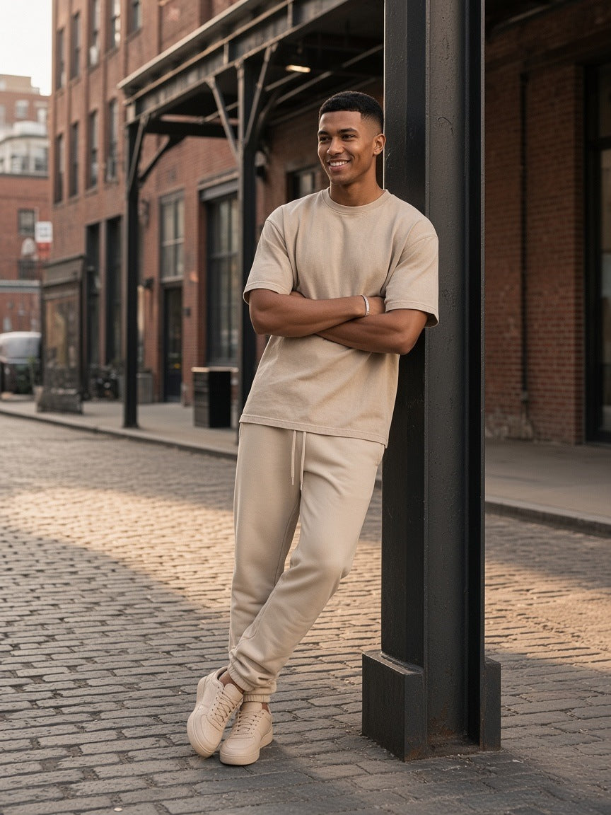 Man in the Snow Washed Heavyweight Oversize T-Shirt in Khaki on a Meatpacking cobbled street in New York in the morning