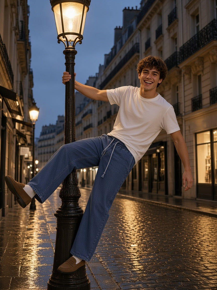 Man in the Snow Washed Straight Leg Pants in Blue swinging from a street lamp on a rain-wet Paris street at blue hour