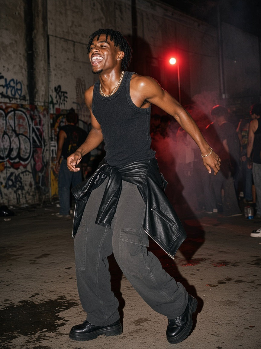 Two people in the Marcel Afters Snow Washed Tank Top in Black, standing apart in a charcoal studio