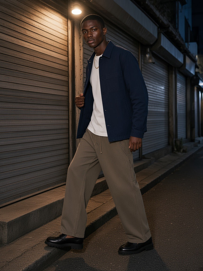 Man in the Marcel Afters Snow Washed Tape Raw Edge Sweatpants in Khaki, in a desert-resort courtyard at night in Utah