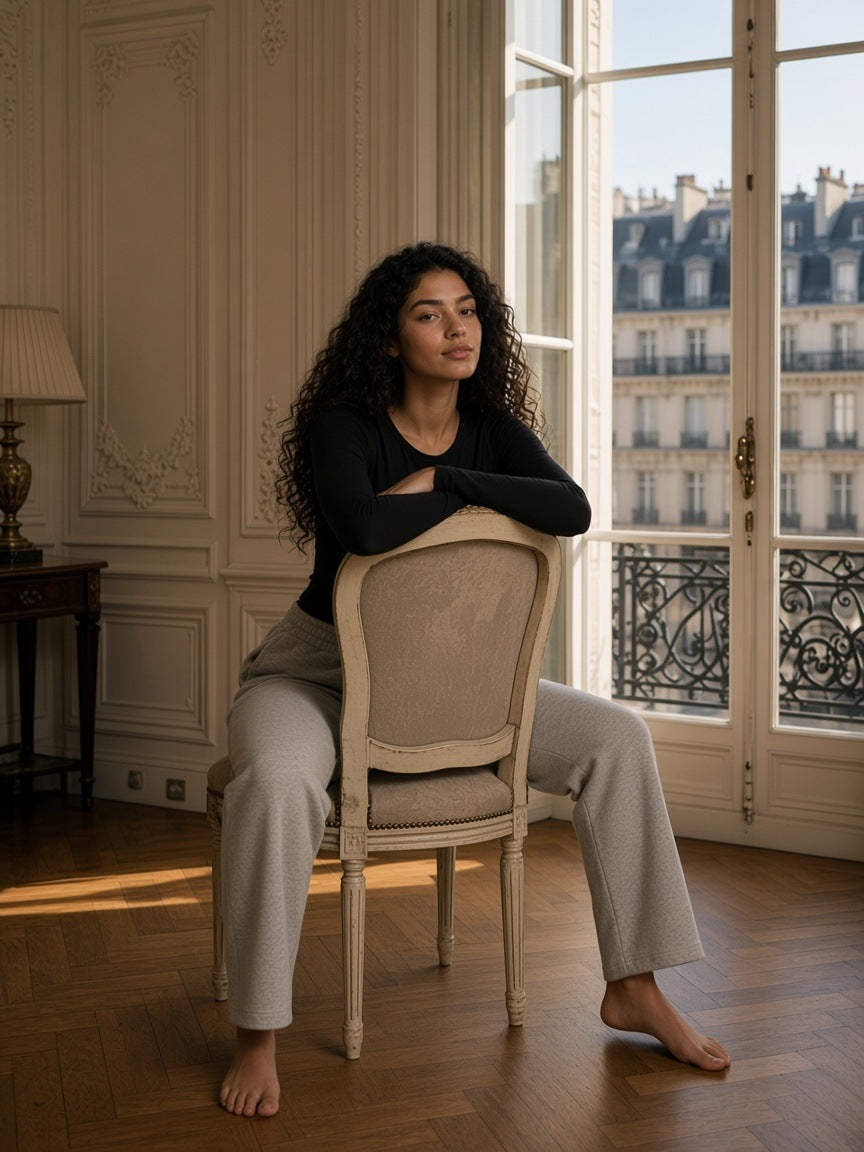 Woman in the Solid Color Straight-Leg Sweatpants in Oat Gray in a palace hotel suite in Paris in the morning