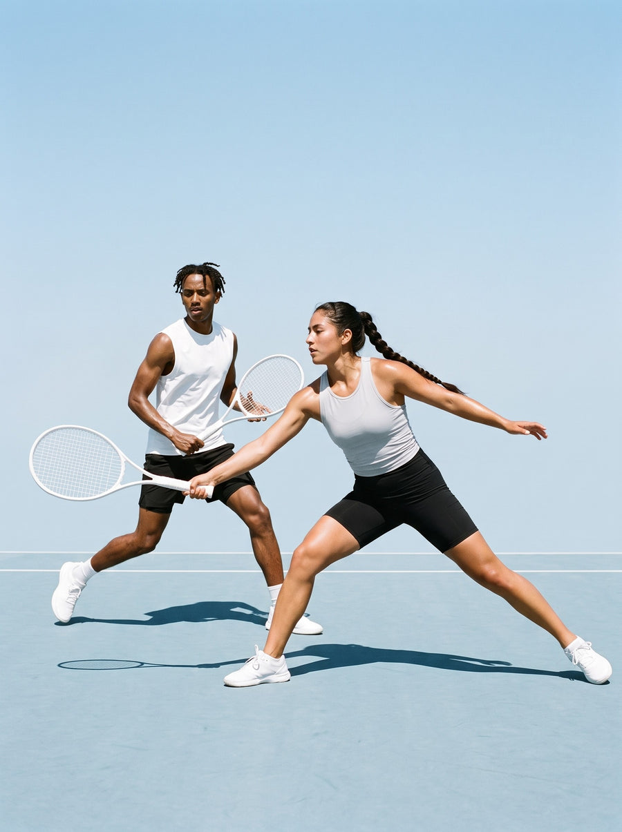 Two people in the Sorona Quick-Dry Cooling Tank Top, a man in White and a woman in Light Gray, mid-rally on a hard tennis court