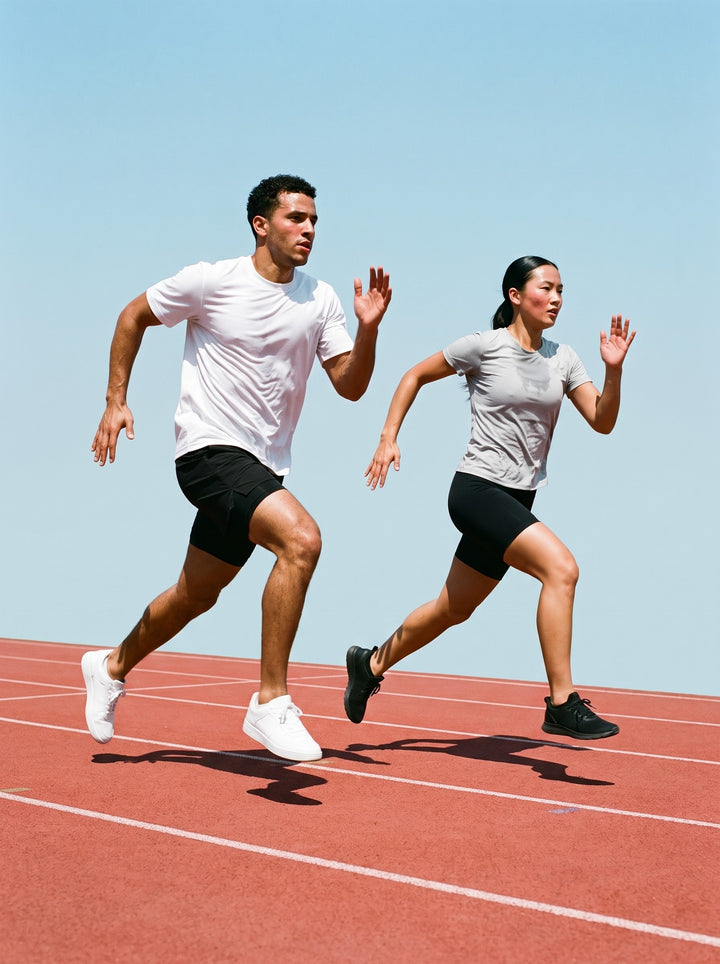 Two people in the Sorona Quick-Dry T-Shirt, a man in White and a woman in Light Gray, mid-stride on a running track in midday sun