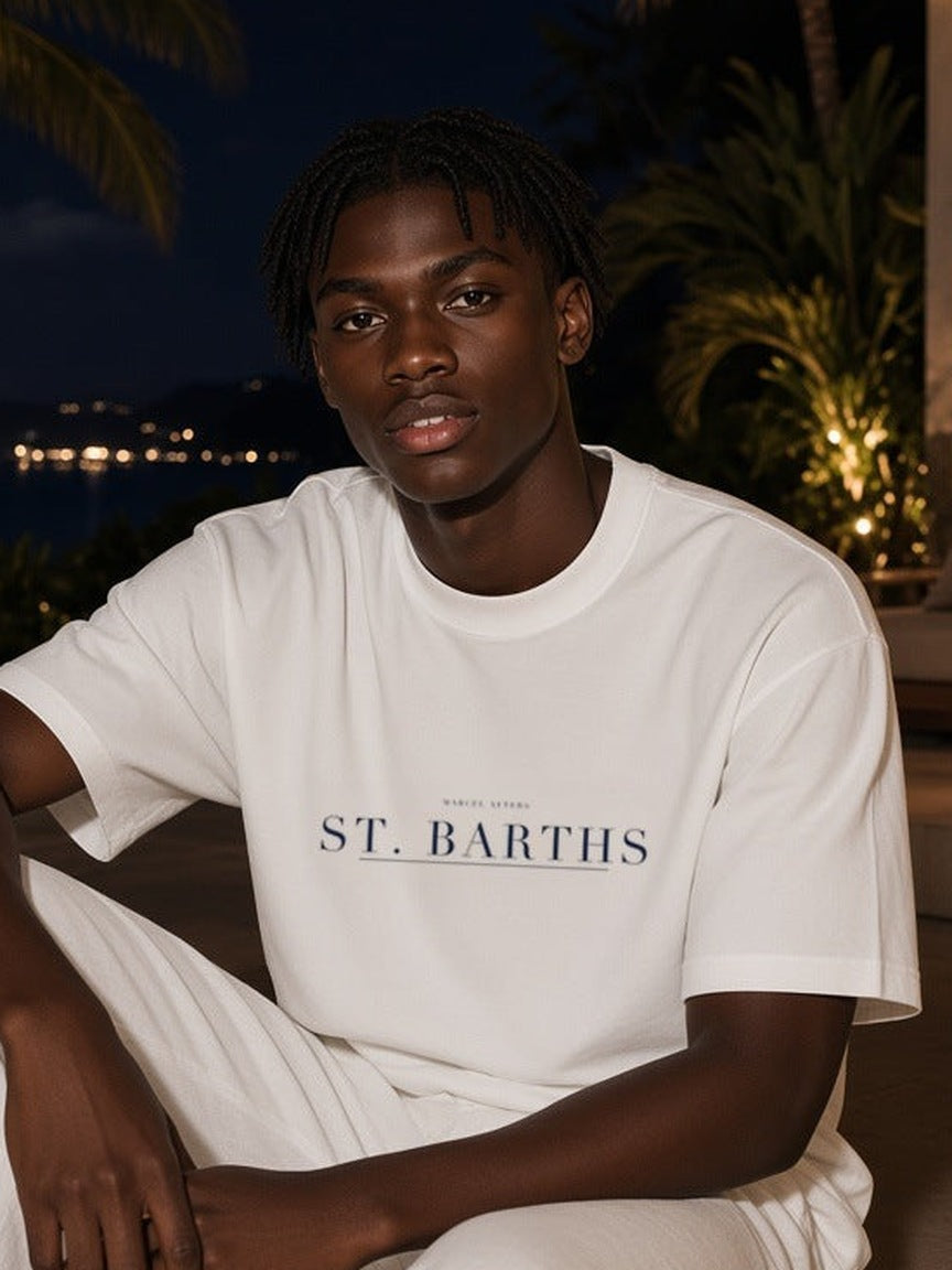 St. Barths print close-up on the White tee