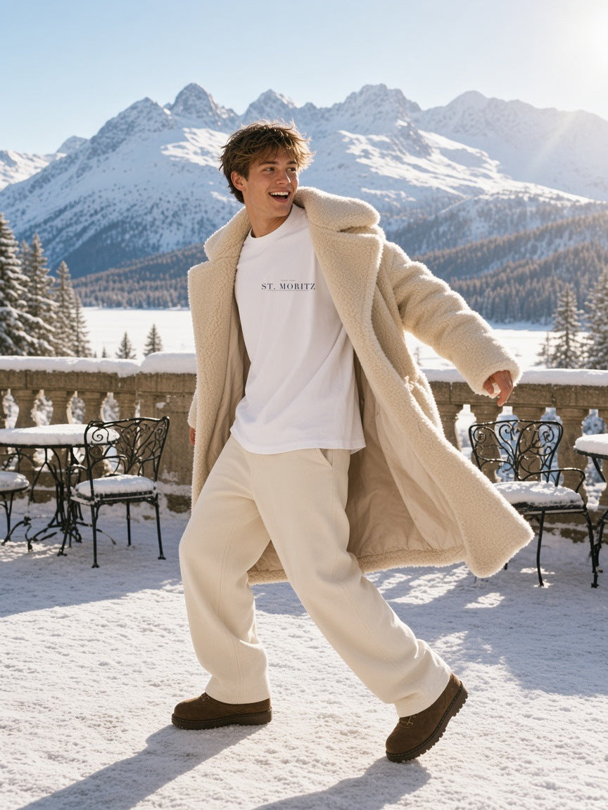 Woman in the St. Moritz Heavyweight Drop Shoulder T-Shirt in White on a snowy palace hotel terrace in St. Moritz in the morning