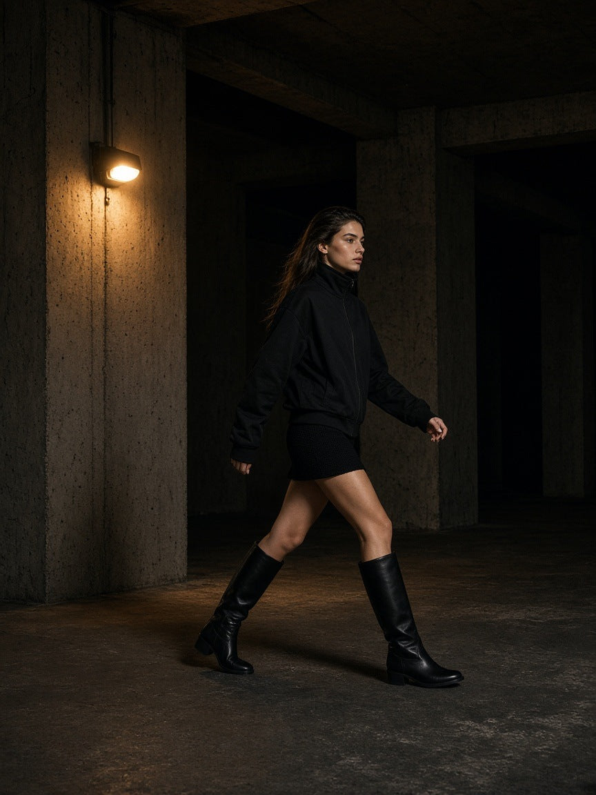 Woman in the Marcel Afters Stand Collar Jacket in Black walking under Brutalist concrete in São Paulo at night