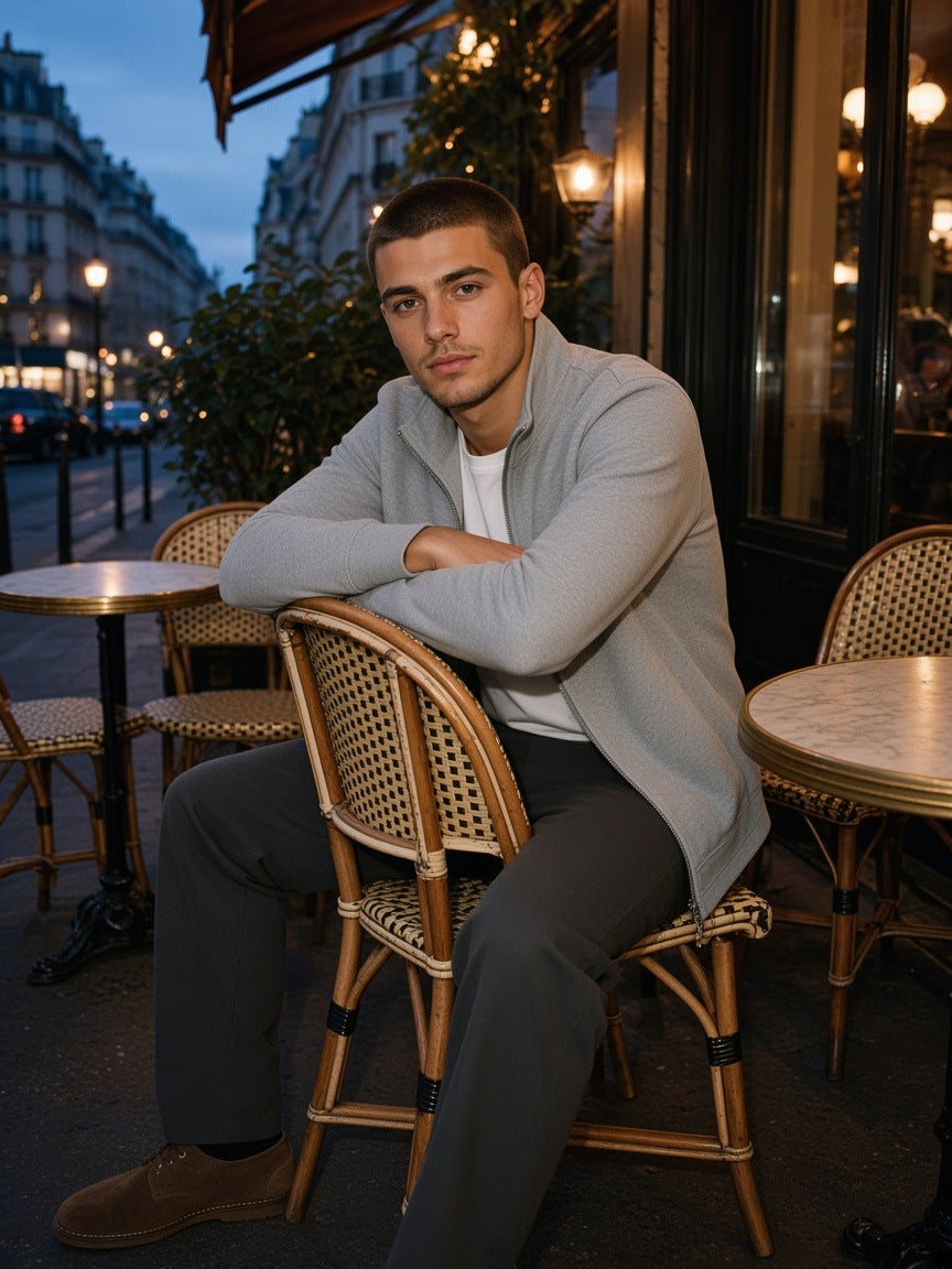 Man in the Stand Collar Jacket in Flower Gray sitting backwards on a rattan bistro chair on a Paris cafe terrace at blue hour