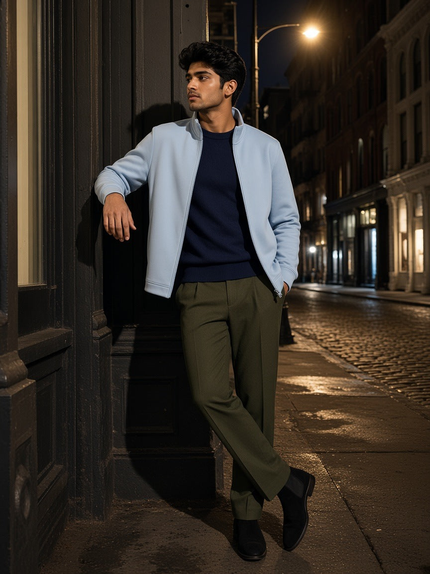 Man in the Stand Collar Jacket in Light Blue open over a navy knit with olive pleated trousers and suede Chelsea boots, in a cast-iron doorway on Mercer Street, SoHo at 2am