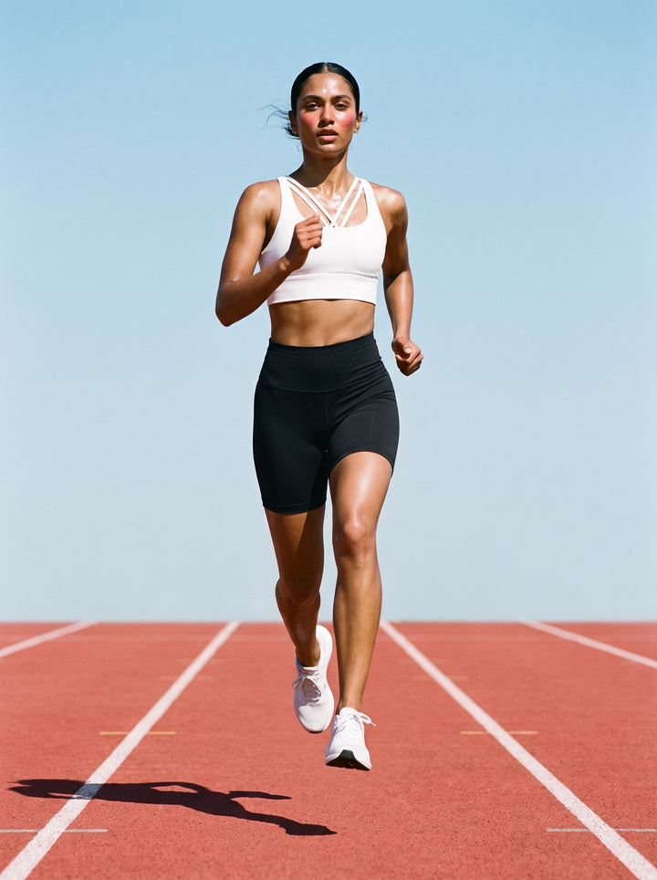 Woman in the Strappy Criss-Cross Sports Bra in White, mid-stride on a running track in midday sun