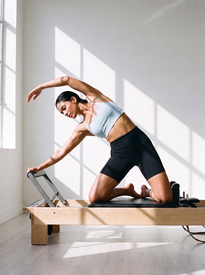 Woman in the Strappy Criss Cross Yoga Sports Bra in Light Blue, in a mermaid stretch on a pilates reformer in a sunlit studio