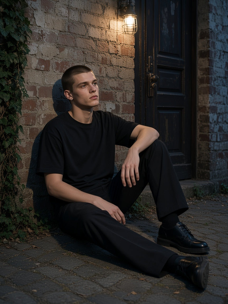 Man in the Marcel Afters Streetwear Oversized Cotton T-Shirt in Black in a Berlin courtyard at night