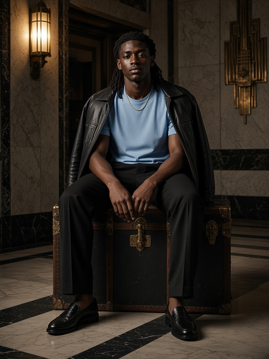 Man in the Sueded Cotton T-Shirt in Light Blue seated on a steamer trunk in an Art Deco lobby in Mexico City at night