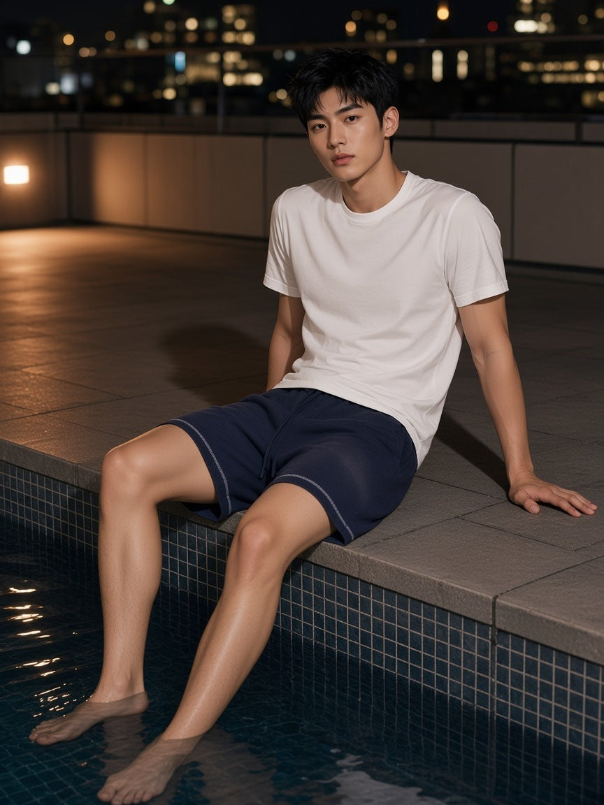Sunfade Waffle Raw Hem Shorts in Navy Blue, à deux, worn by him