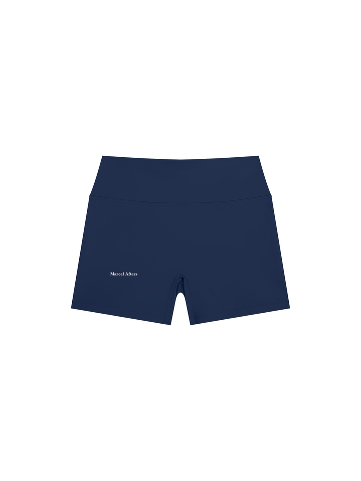 Women's High Rise Yoga Shorts in Navy Blue, front view. (supplier original)