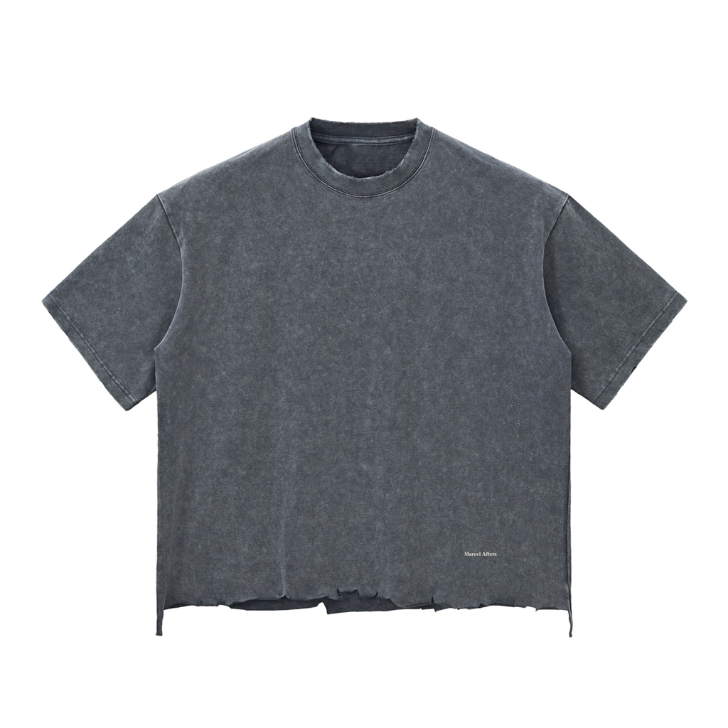 Unisex snow wash raw-hem boxy t-shirt in Washed Cement Gray, front view on white (supplier original)