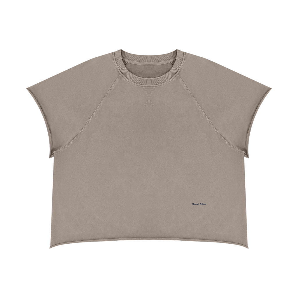Unisex vintage wash raw edge boxy t-shirt in Khaki Ash, front view on white (supplier original)