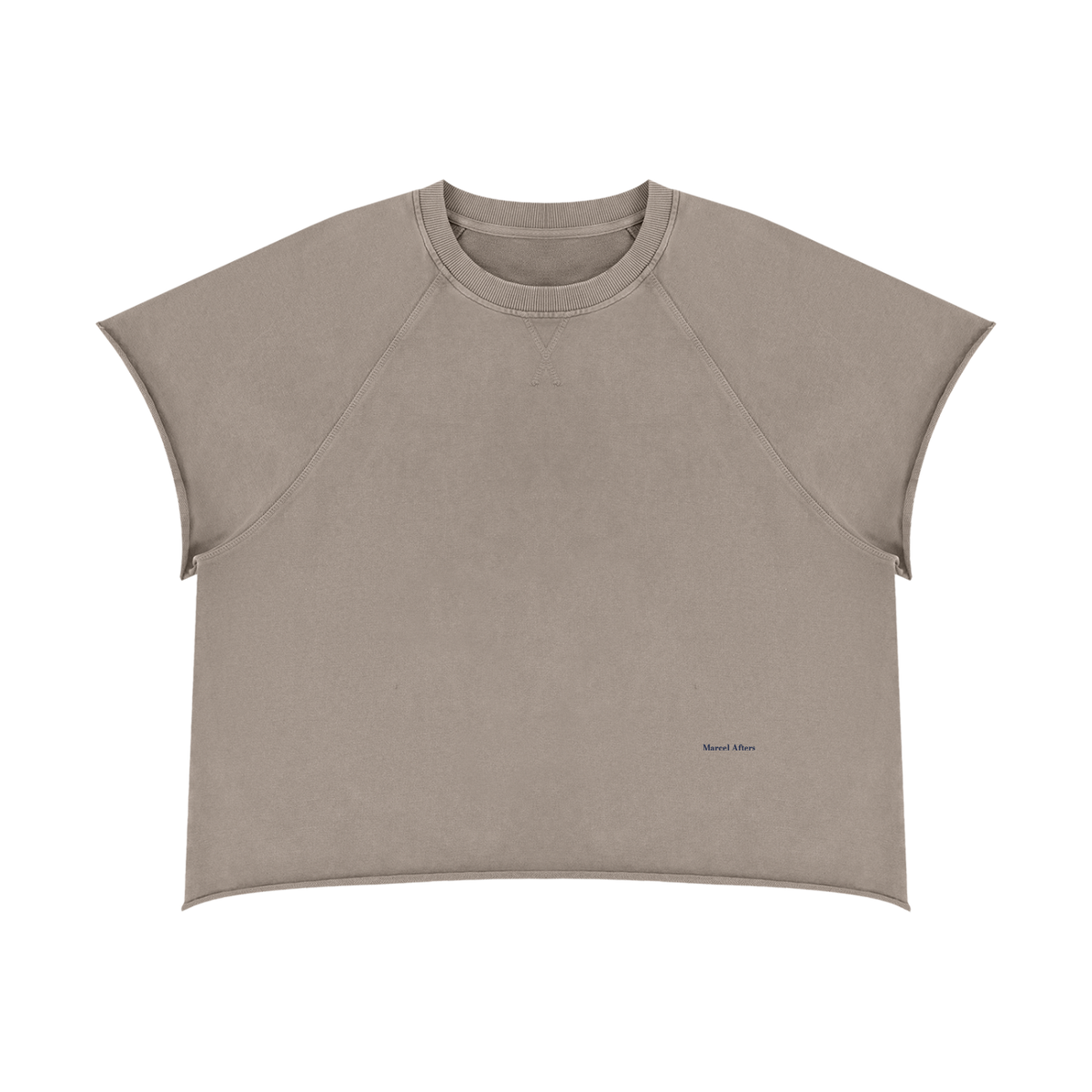 Unisex vintage wash raw edge boxy t-shirt in Khaki Ash, front view on white (supplier original)