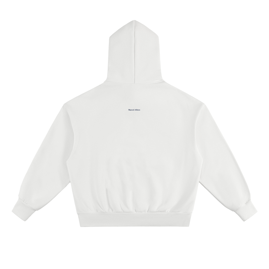 Unisex heavyweight fleece hoodie in White, back view on white (supplier original)