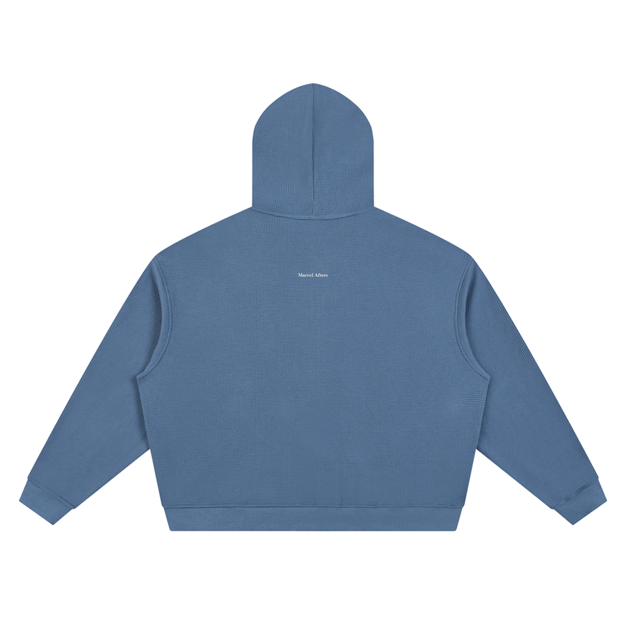 Unisex waffle boxy full zip hoodie in Jeans Blue, back view on white (supplier original)
