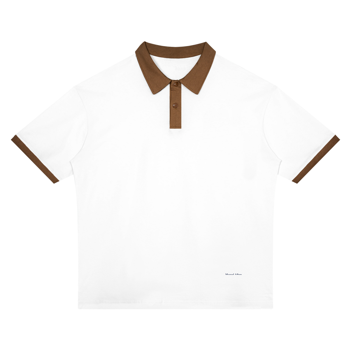 Unisex color block polo shirt in White with Brown, front view on white (supplier original)