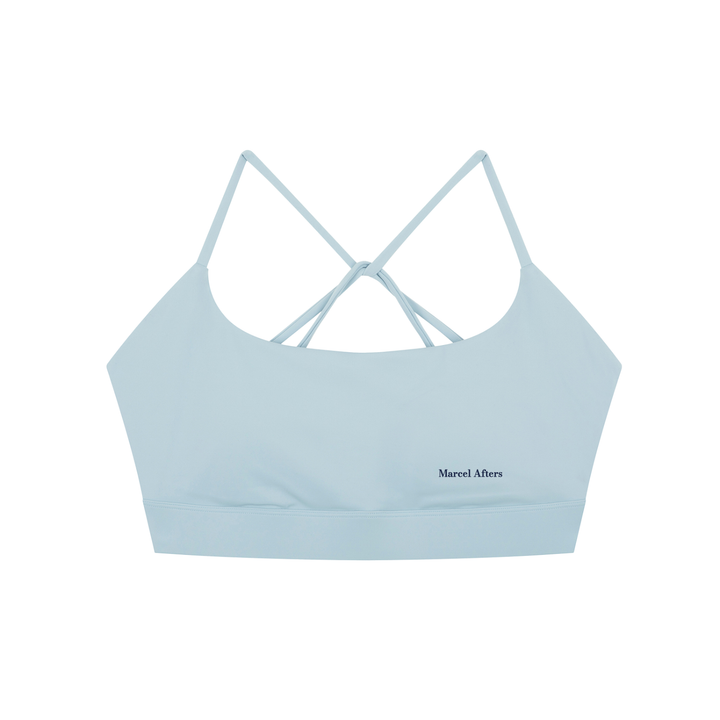 Strappy Criss Cross Yoga Sports Bra in Light Blue, front view (supplier original)