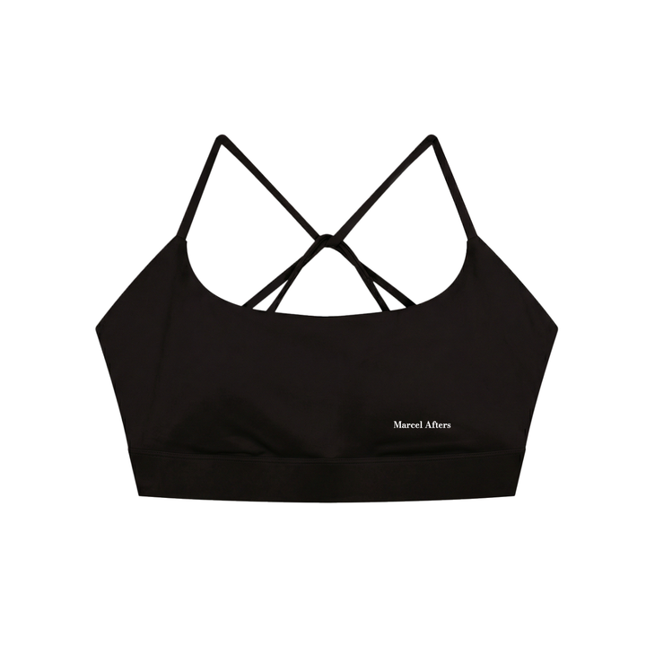 Strappy Criss Cross Yoga Sports Bra in Black, front view (supplier original)