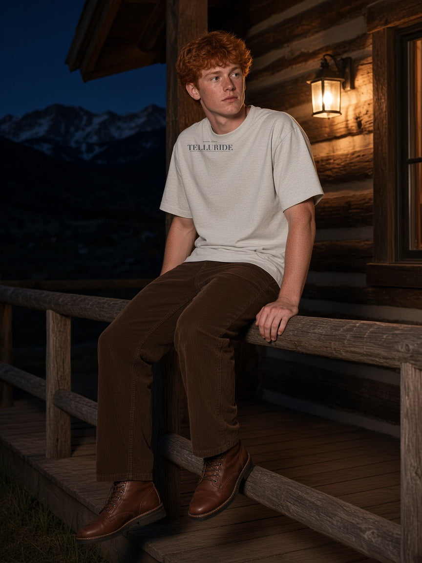 Man in the Telluride Heavyweight Drop Shoulder T-Shirt in Oat Gray seated on the rail of a ranch lodge porch outside Telluride at night