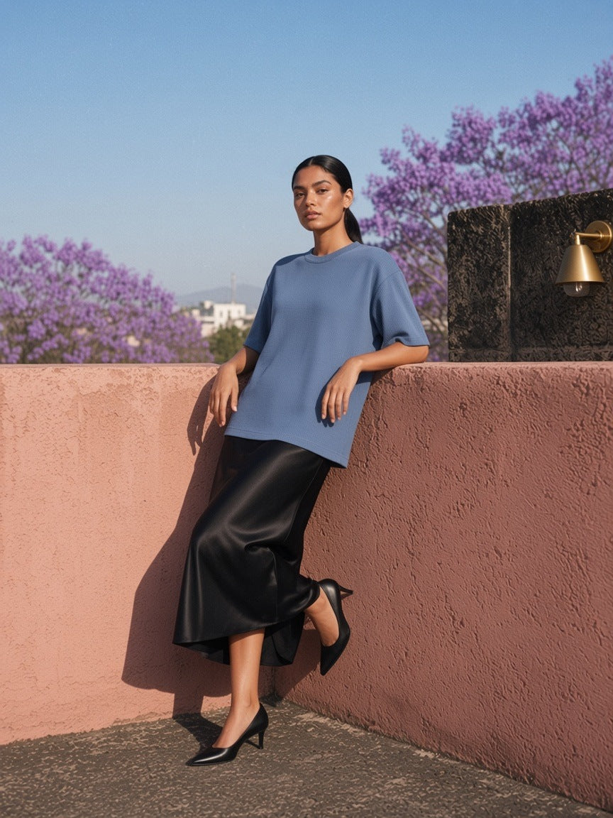 Woman in the Textured Waffle Washed Boxy T-Shirt in Haze Blue on a volcanic stone rooftop at a hotel in Mexico City in the morning