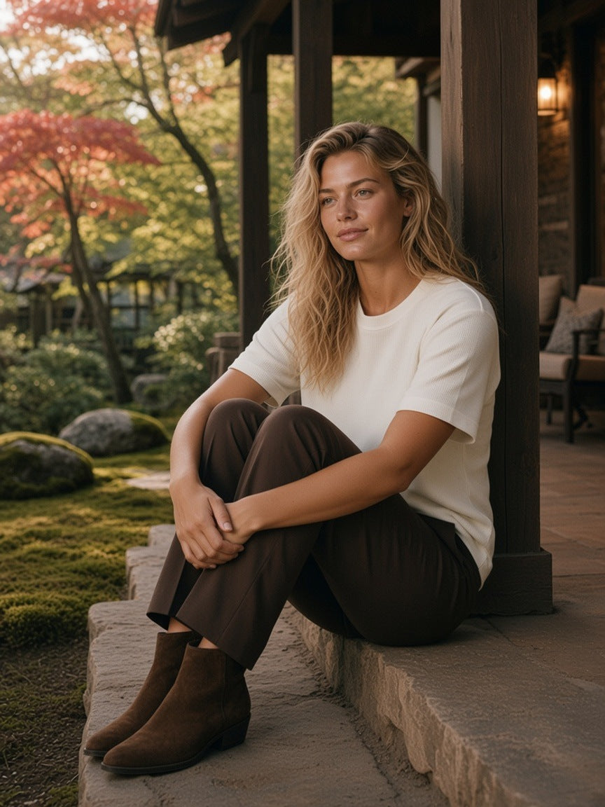 Woman in the Textured Waffle Washed Boxy T-Shirt in White on a ryokan veranda in Kyoto in the morning
