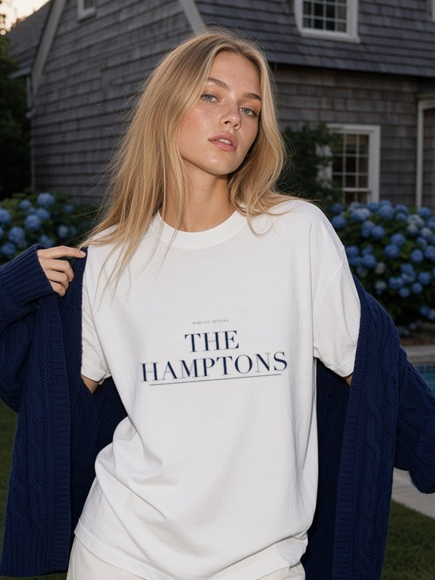 The Hamptons print close-up on the White tee