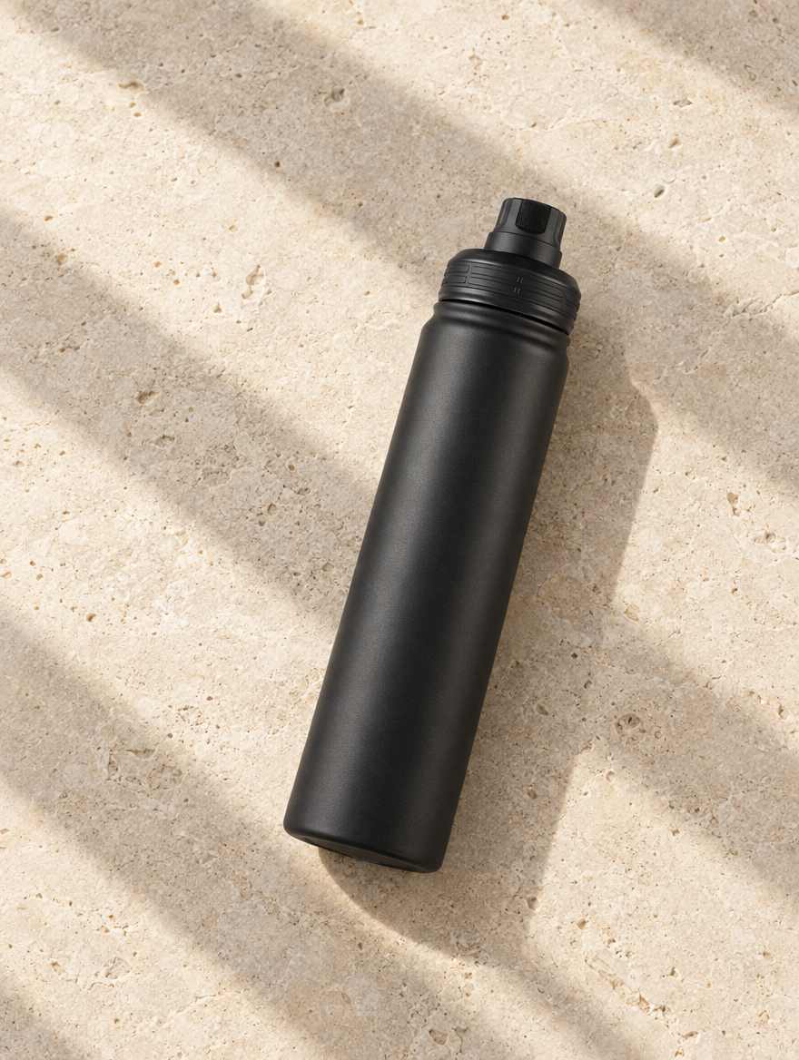 The Long Day Bottle in Black, Marcel flat lay on pale limestone