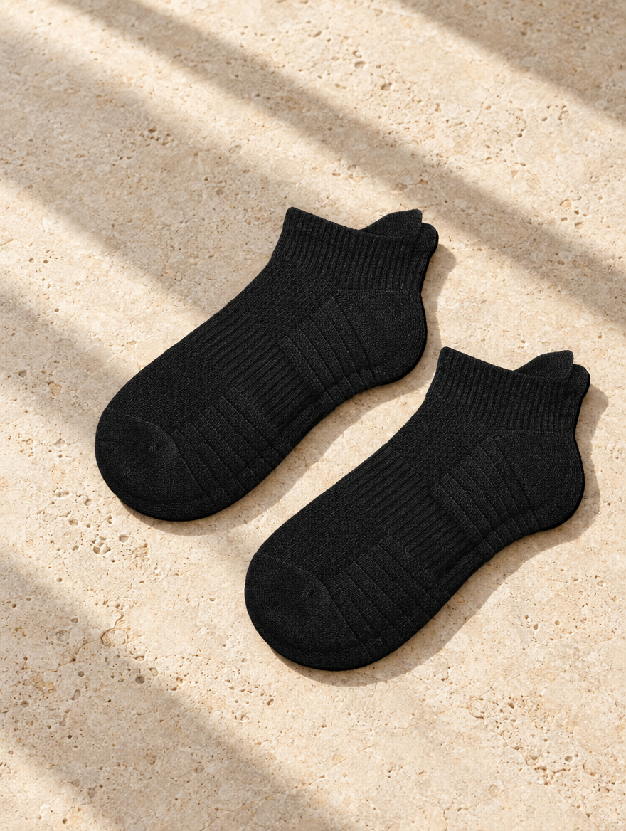 The Short Stay Ankle Sock in Black, Marcel flat lay on pale limestone