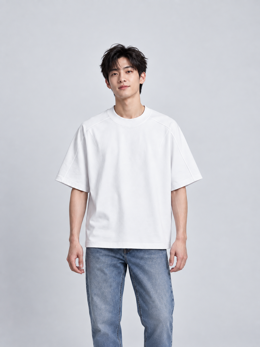 Boxy Tonal Paneling T-Shirt in White, men model front view