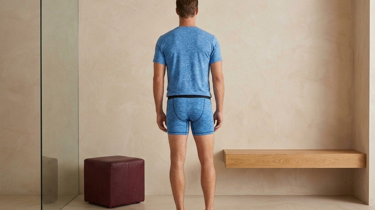 True Notions Azure Tee & Boxer Brief Signature Set — worn, Azure