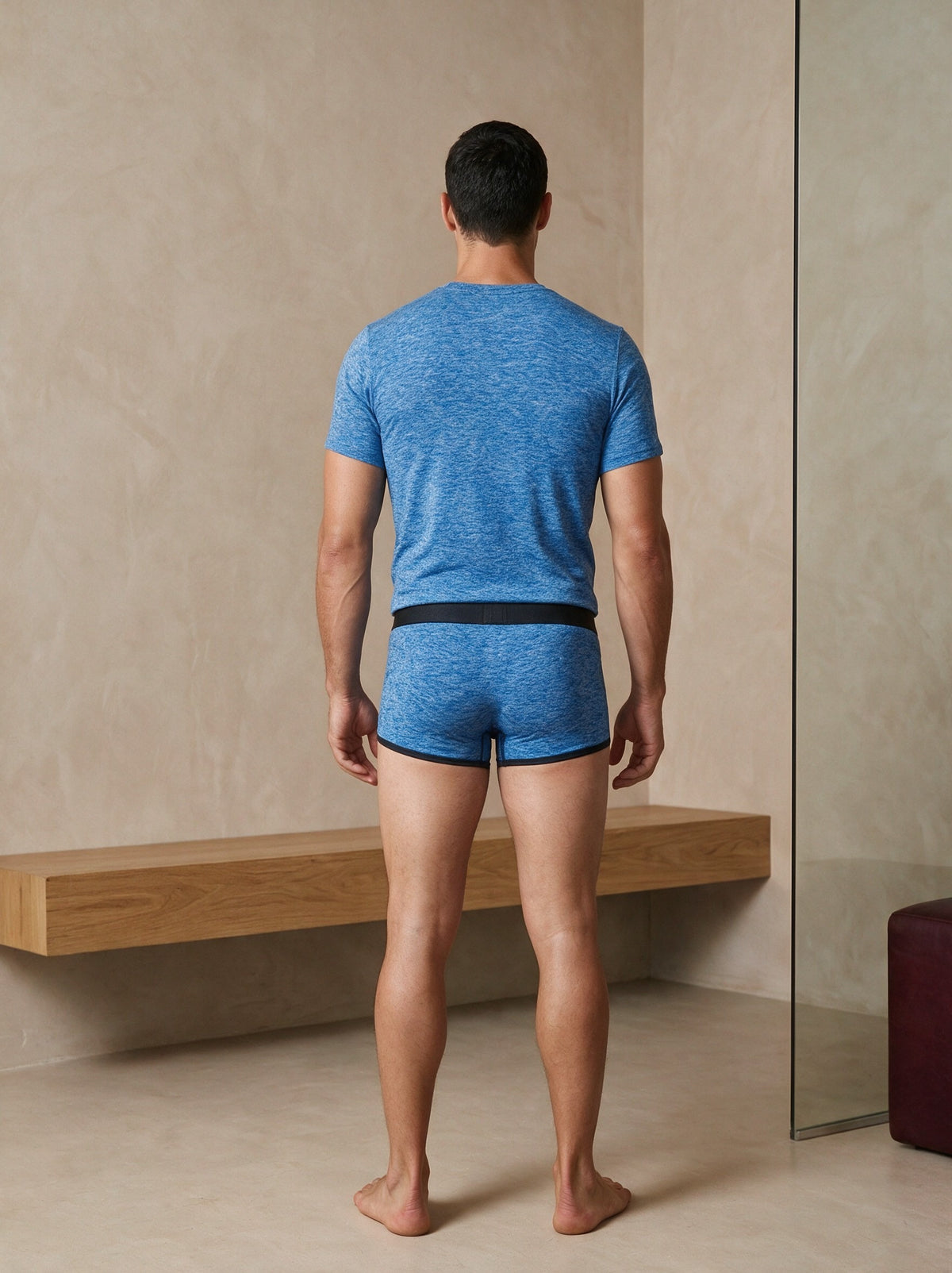Man in the Azure Tee & Trunk Signature Set in Azure, rear view