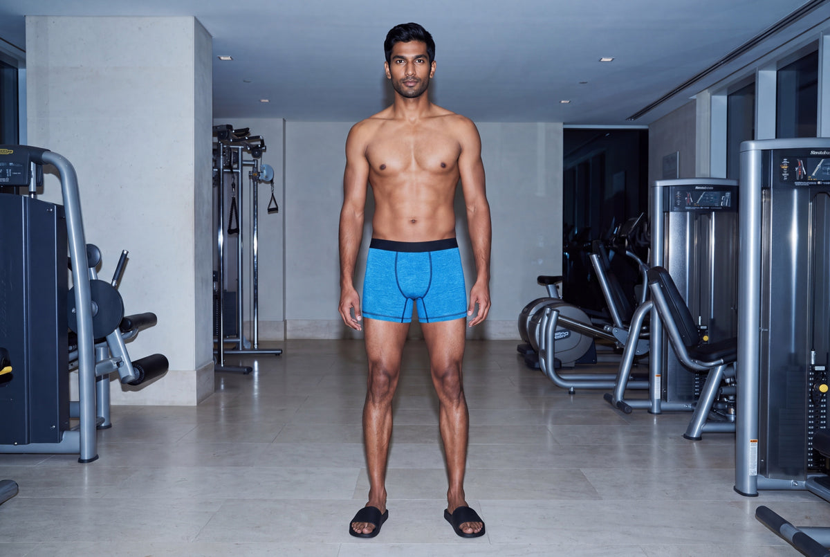 True Notions Boxer Brief — Azure / Black — worn, Azure / Black