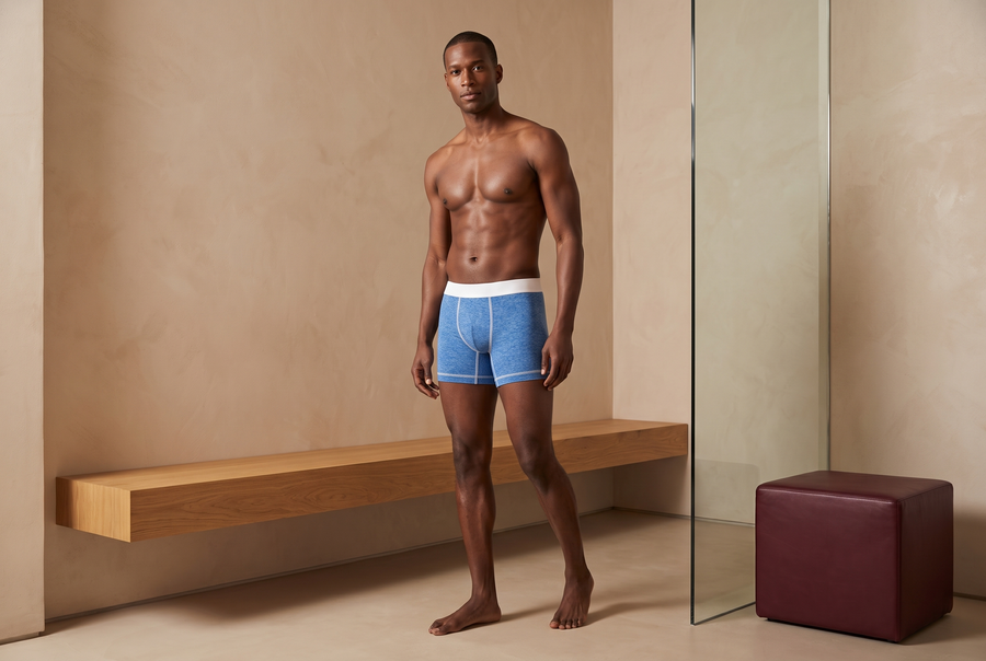 True Notions Boxer Brief — Azure / White, worn by the model, front view