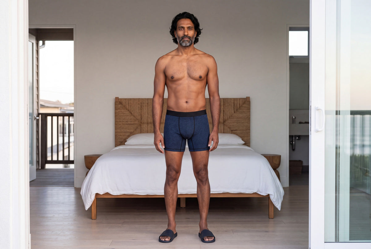 True Notions Boxer Brief — Navy / Black, worn by the model, front view