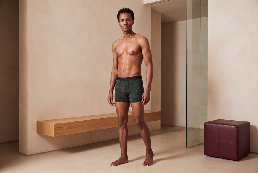 True Notions Boxer Brief — Olive / Black, worn by the model, front view