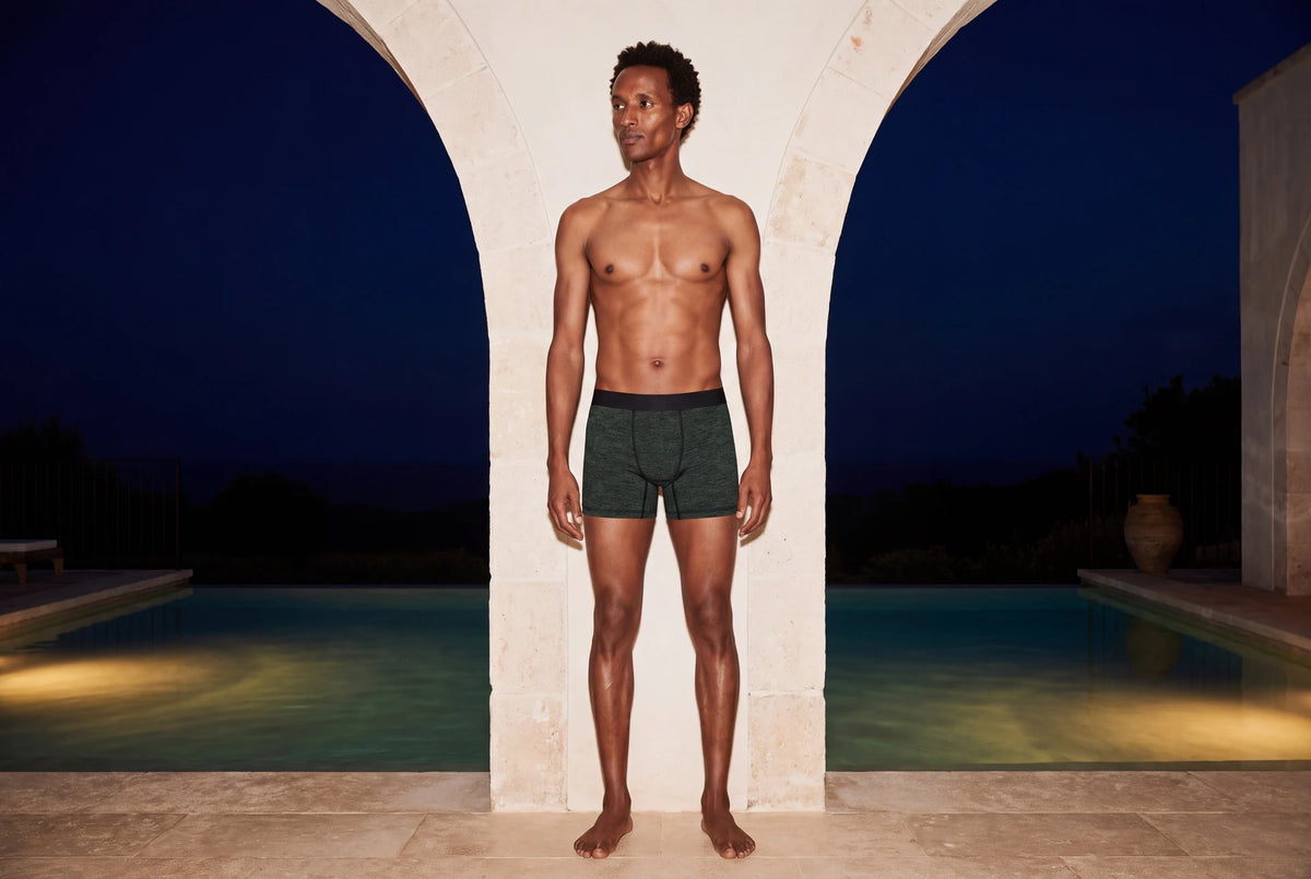 True Notions Boxer Brief — Olive / Black — worn, Olive / Black