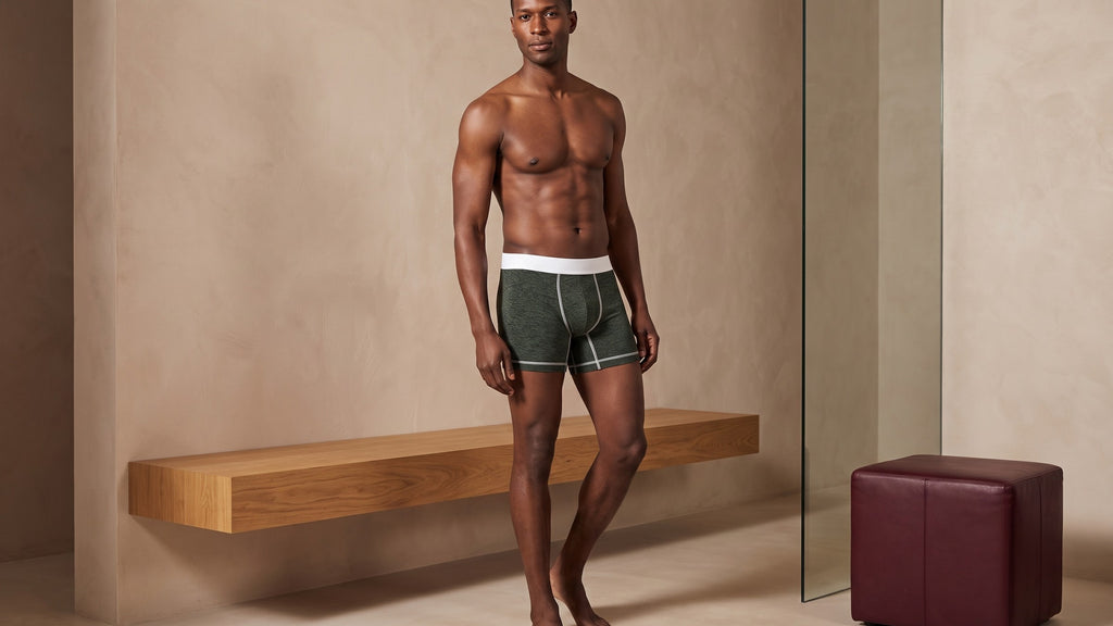 True Notions Boxer Brief — Olive / White, worn by the model, front view