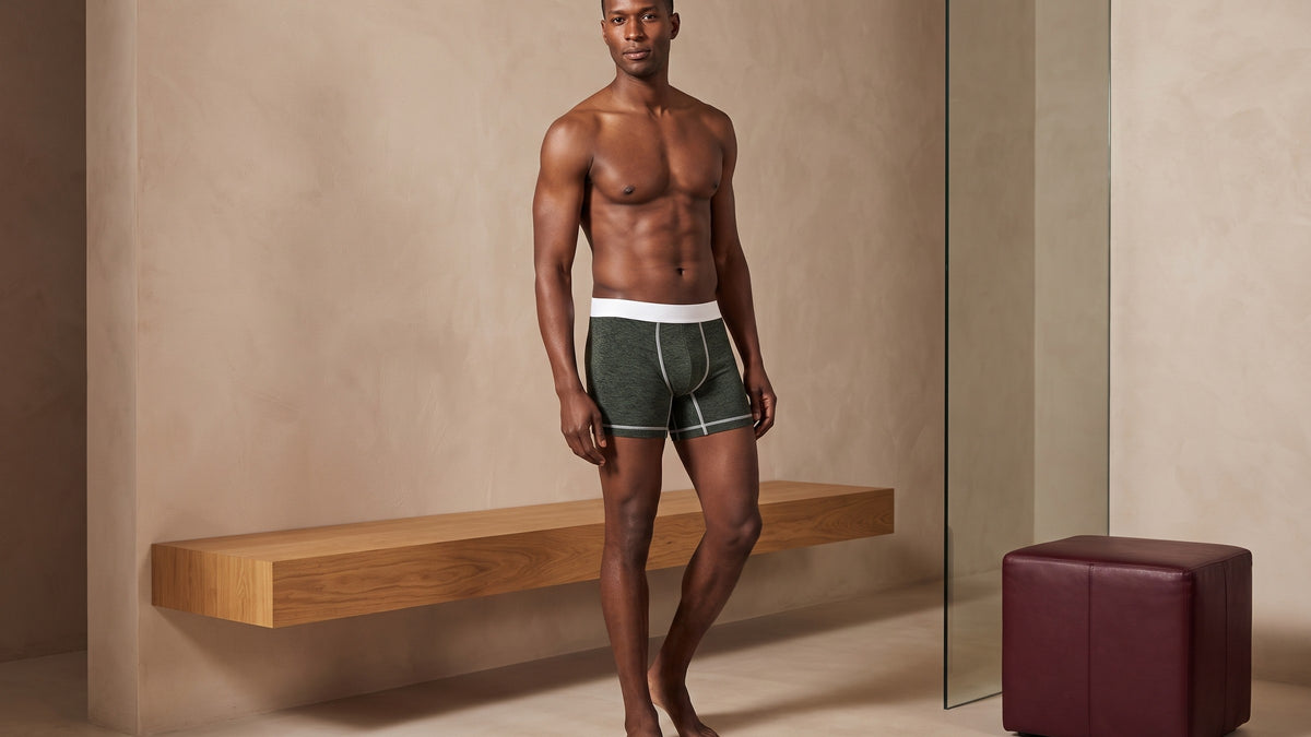 True Notions Boxer Brief — Olive / White, worn by the model, front view