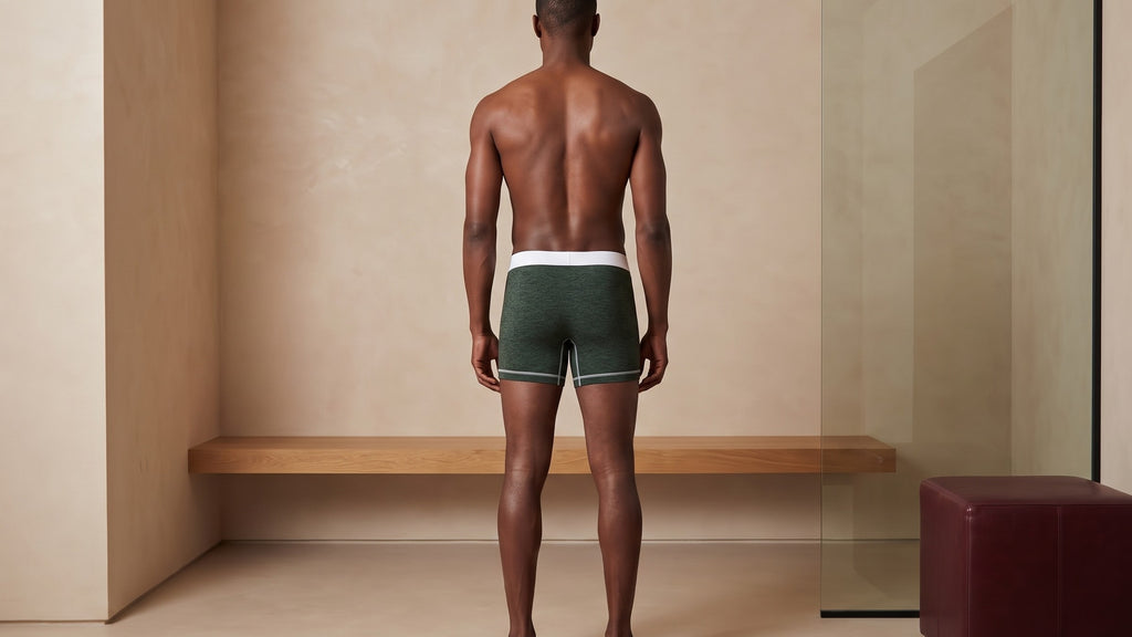 True Notions Boxer Brief — Olive / White, worn by the model, rear view